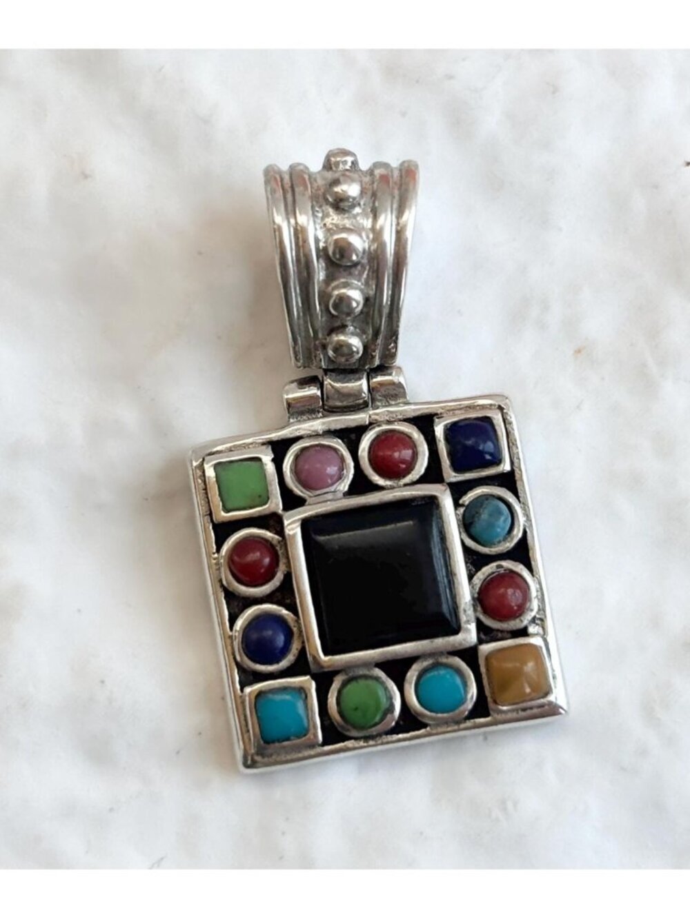 Rainbow Multi Gemstone Mexico Made Vintage Sterling Silver 925 Handmade Pendant